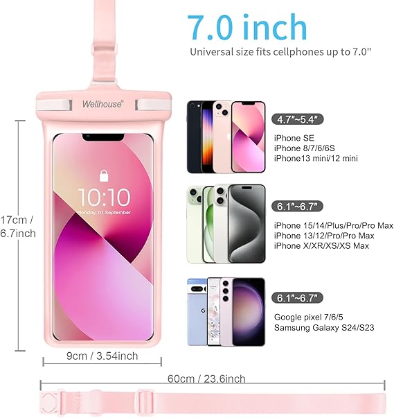 Pink waterproof phone pouch with clear window, floating on water surface with phone inside, secured 
