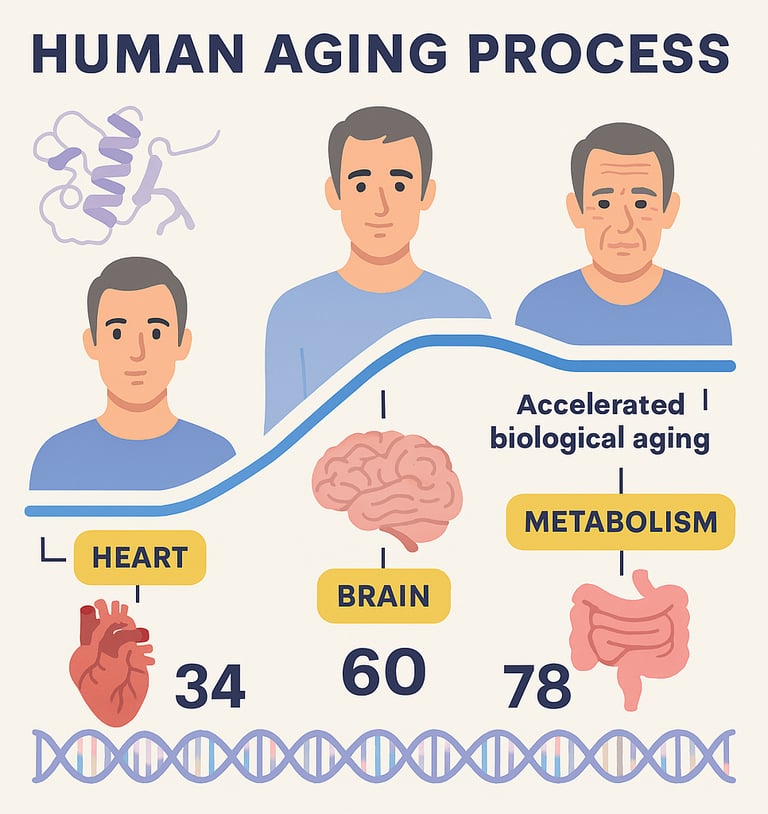 Human aging process shows body turning points at 34, 60, 78 with accelerated biological changes.