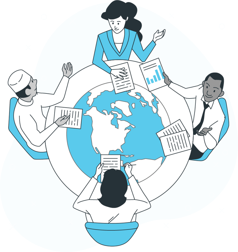 a group of people sitting around a globe connecting