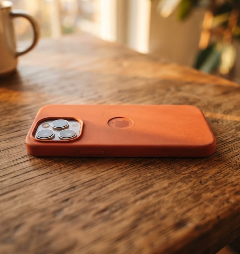 Close-up of a vibrant terracotta phone case resting on a warm wooden table, golden-hour natural light, shallow depth of field, 35mm lens, product texture visible, wide shot cropped tight, panoramic 21:9 frame.