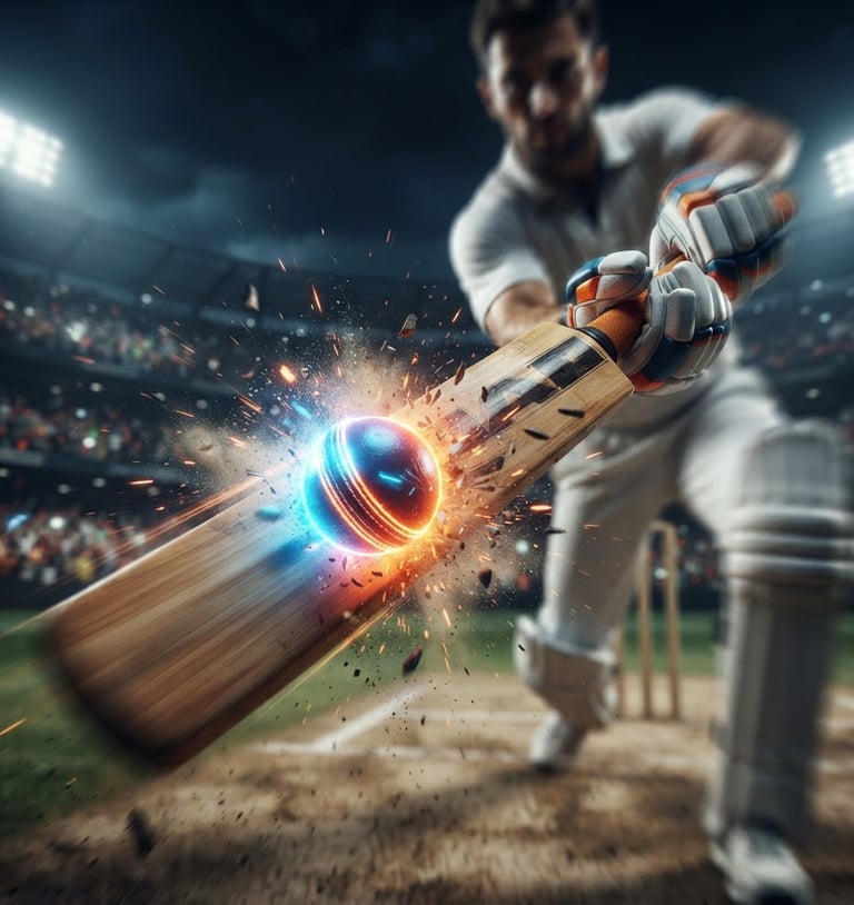 Close-up of a cricket bat making explosive contact with a neon-glowing cricket ball, motion blur, dramatic stadium night lighting, low-angle heroic shot, octane render.