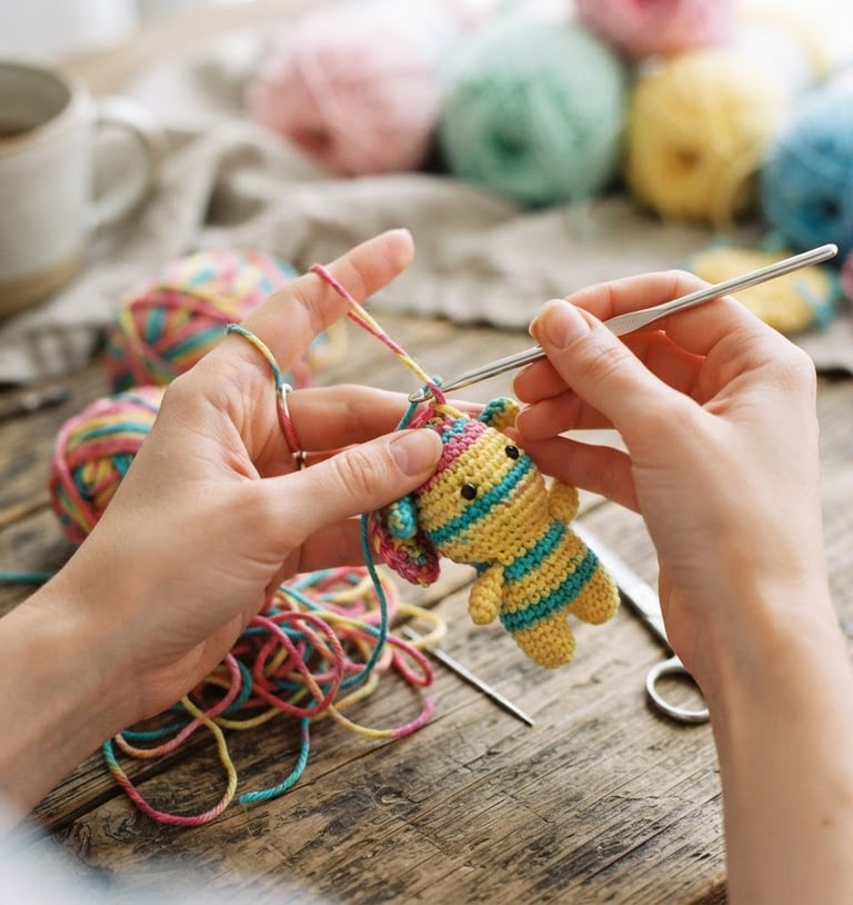 Manos jóvenes tejiendo un amigurumi con hilo de colores vibrantes, gancho en mano, sobre una mesa de madera rústica, luz natural suave, enfoque macro en las manos y el tejido, estilo 35mm.