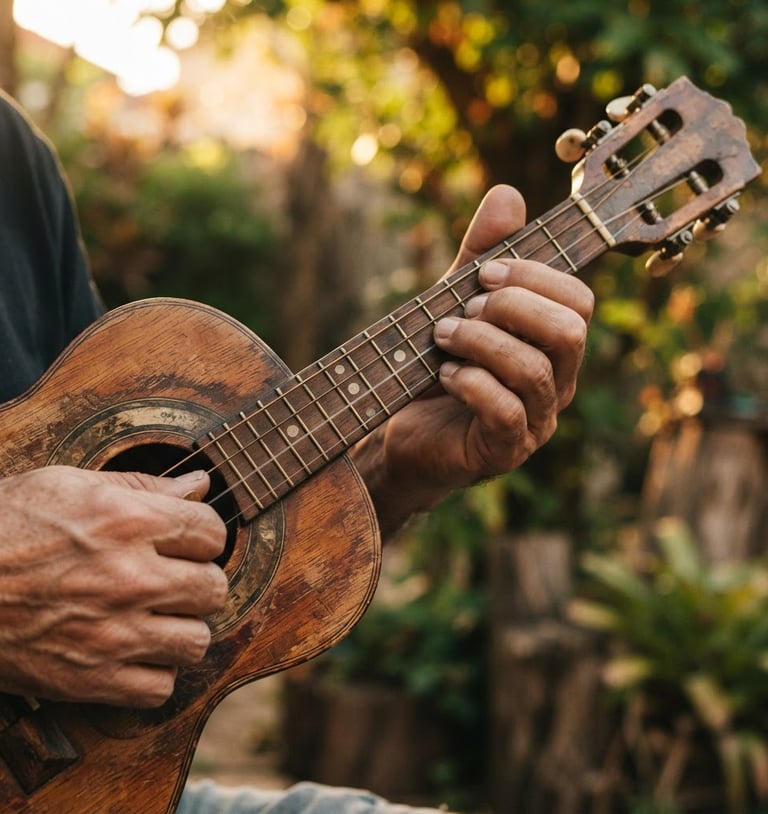 Close-up of hands holding a cavaquinho, fretboard in focus, worn wood texture, warm moody lighting, 35mm, golden hour in a backyard.