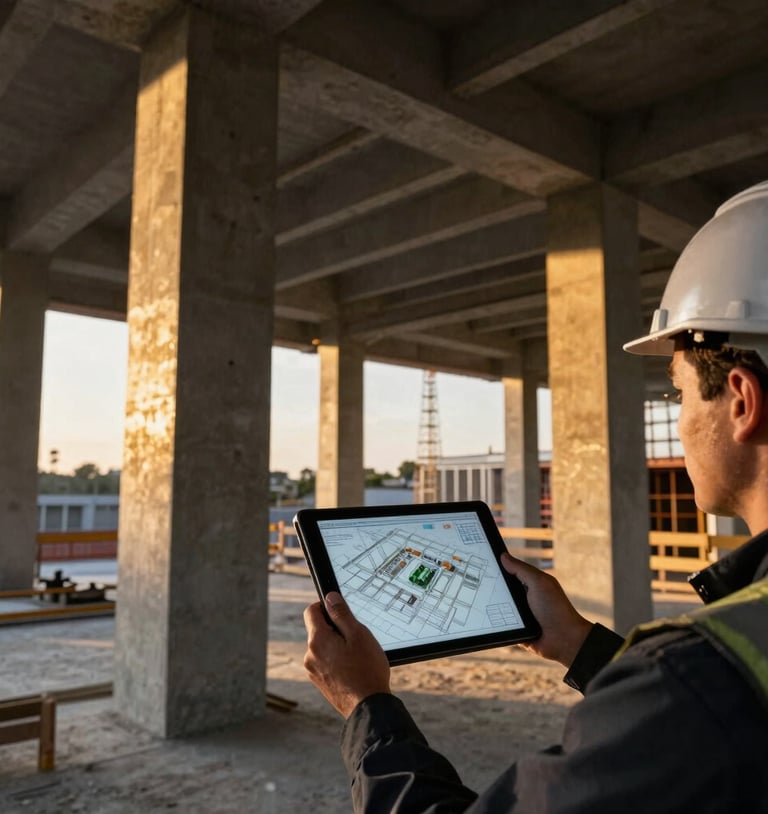 An engineer holding a tablet displaying a 3D BIM model on an organized high-end construction site, golden hour light reflecting on structural concrete columns, sharp focus
