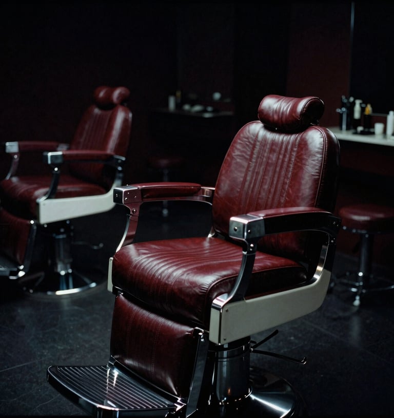 Moody cinematic photo of a sleek dark-chrome salon interior, sharp directional spotlighting, deep burgundy leather barber chair, 35mm film