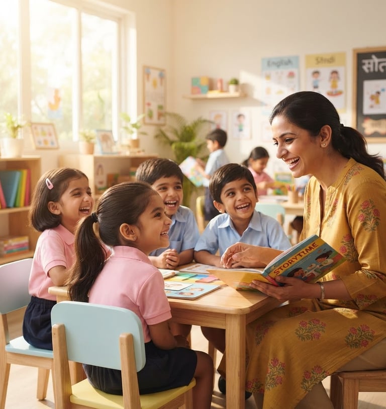 Bright, candid photograph of happy Indian children and a caring Indian teacher interacting joyfully in a modern, sun-drenched classroom, shallow depth of field, 35mm lens, teacher on the right third, children looking at her.