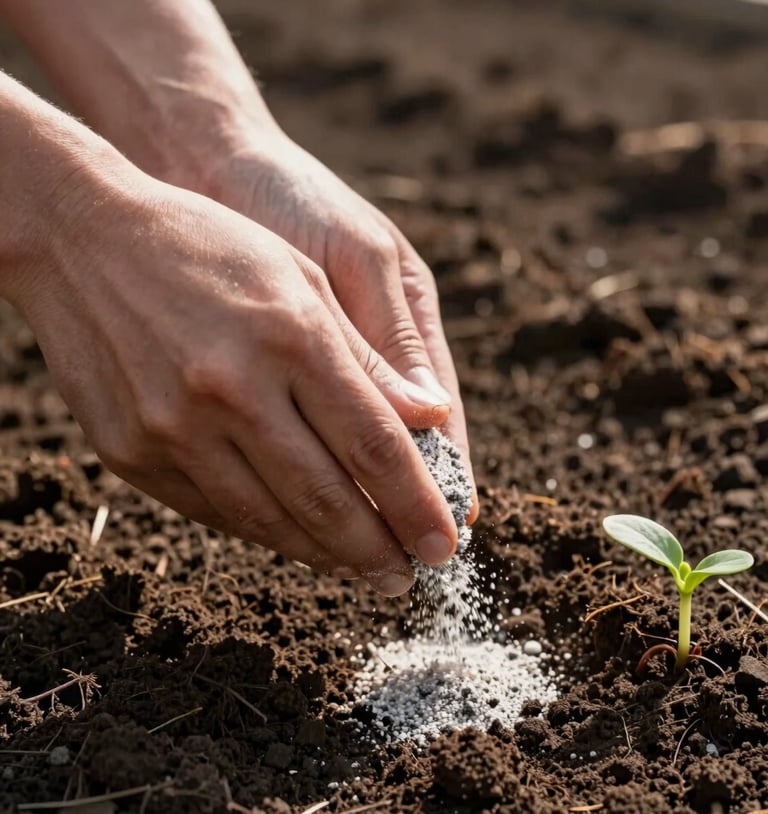 Close-up of hands applying granular fertilizer to dark rich soil, morning side light casting long shadows across the ground, a green seedling emerging nearby