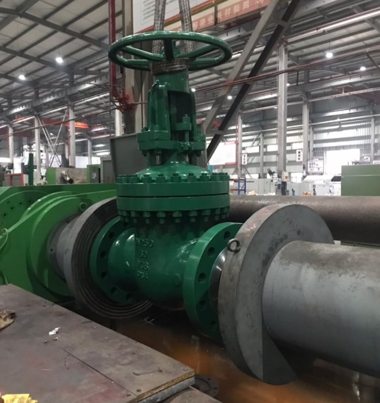Large green industrial gate valve installed on a steel pipeline inside a manufacturing facility.