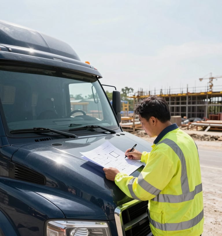 Wide angle shot of a project manager in high-visibility gear reviewing site plans on the hood of a branded dark navy fleet truck, active construction site in the background under bright natural daylight.