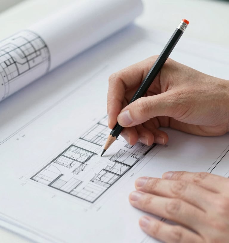 Close-up of clean hands marking up architectural schematics with a technical pencil, bright cool daylight, sharp focus, architectural office setting, 35mm