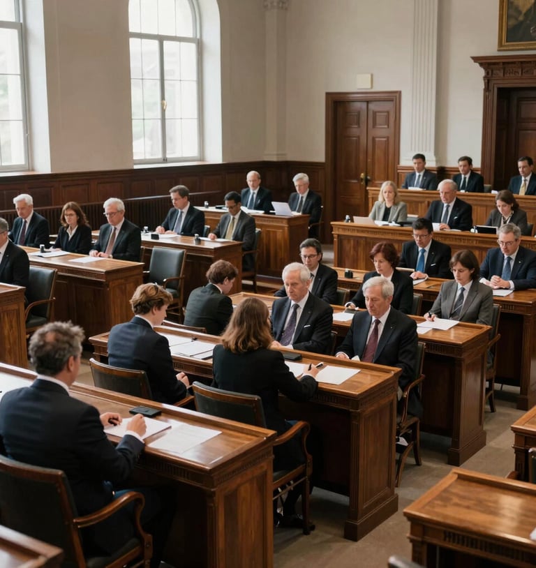 Professional politicians in business suits attending a formal government legislative session in a courtroom.