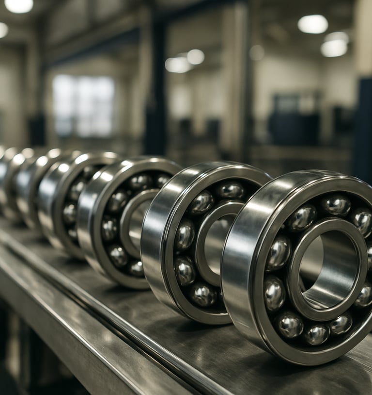 A high-detail close-up photograph of polished steel ball bearings on a clean industrial assembly line. Soft light reflecting off the metallic surfaces. The background shows a modern South Asian factory interior in off-white and dark blue.