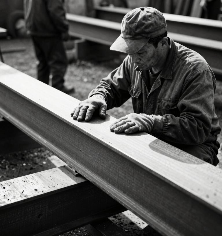 High-contrast black and white photograph of a yard worker inspecting a raw steel beam, harsh side lighting, dramatic shadows.