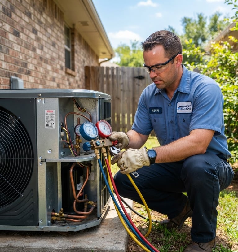 Technician servicing an outdoor condenser unit under bright Oklahoma daylight, close-up, crisp commercial photography, clean steel and copper tones, sharp focus, 35mm lens