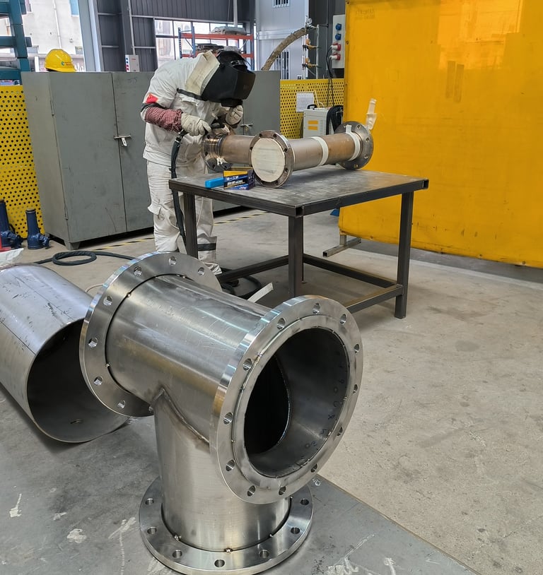 PMI Piping worker is welding alloy pipes