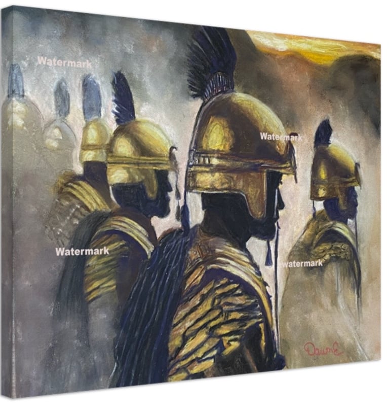 a painting of a group of soldiers with helmets and helmets
