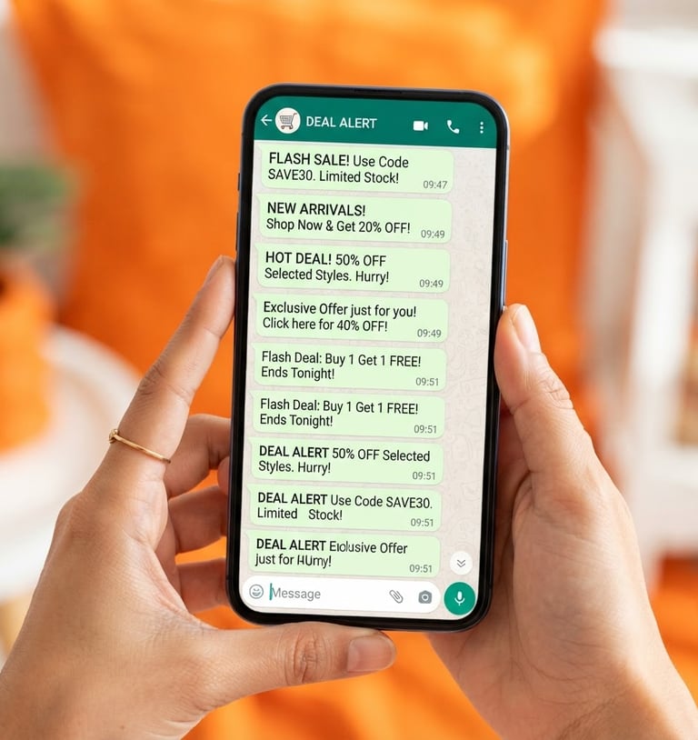 Close-up of a smartphone screen displaying WhatsApp chat with deal notifications, held by hands, vibrant orange and white background, natural daylight, mobile-first framing.