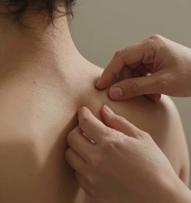 Tight close-up of osteopath hands applying precise manual mobilization to a patient's cervical spine, fingers positioned with clinical intention, soft warm tungsten light from the side casting subtle shadows on skin texture, muted earth-tone background, no faces visible
