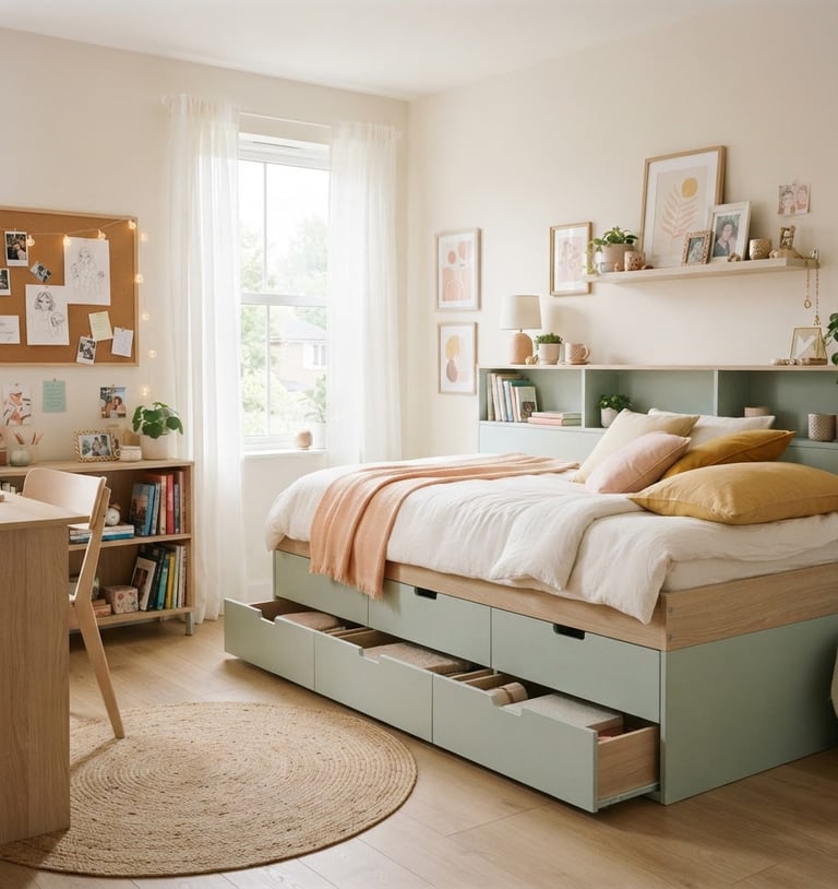 Brightly lit teen bedroom with a pastel wood storage bed on the right, integrated drawers visible, clean modern styling, soft diffused daylight, 35mm lens
