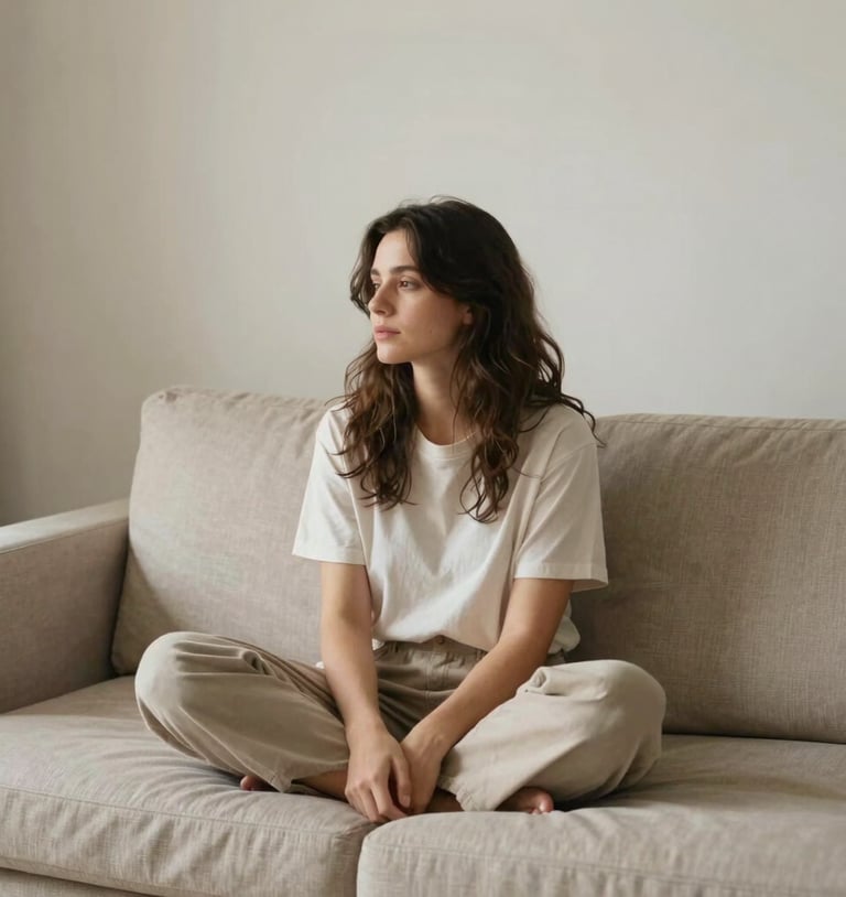 Mulher sentada em um sofá limpo e minimalista, olhando para um espaço organizado com luz natural suave, transmitindo calma e alívio. O foco está na sensação de paz, não na bagunça.