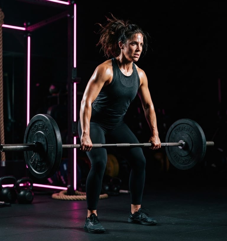 Uma mulher atlética, acima de 30 anos, em roupas de alta performance, focada durante um treino intenso em um estúdio escuro com iluminação de borda rosa neon, alto contraste, 35mm lens