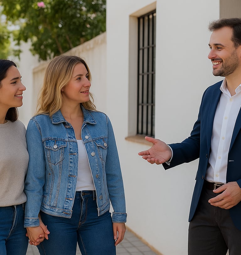 Agente inmobiliario con pareja de compradoras de vivienda en la biznaga inmobiliaria en málaga