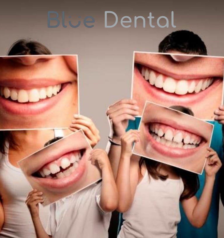 a man and woman holding up photos of their teeth