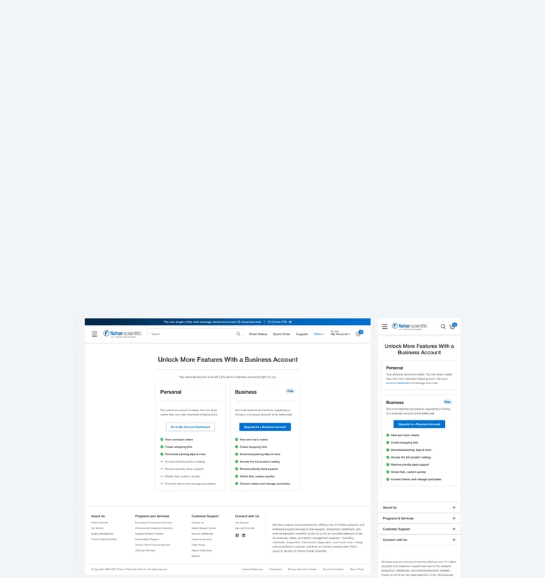 Fisher Scientific website screenshot showing a comparison between personal and business account features.