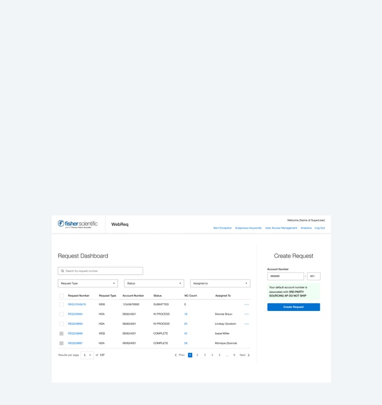 Screenshot of a Fisher Scientific WebReq request dashboard displaying order status and account numbers.