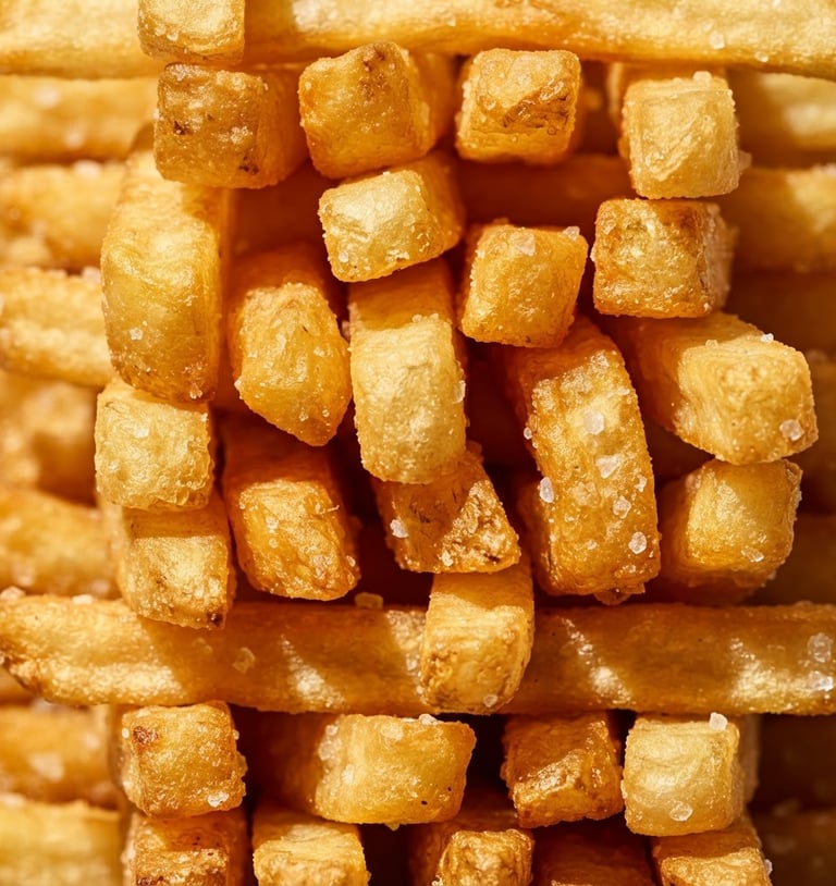 Extreme close-up of perfectly golden, salted french fries stacked vertically, crisp studio lighting, sharp hard shadows, macro depth, vibrant high-key food photography
