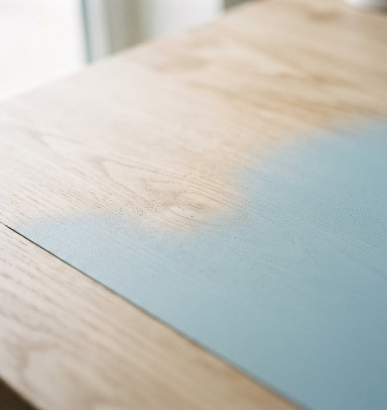 Close-up of a matte pastel laminate surface of a gaming desk, with light birch wood grain visible, natural daylight, soft shadows, 35mm lens.