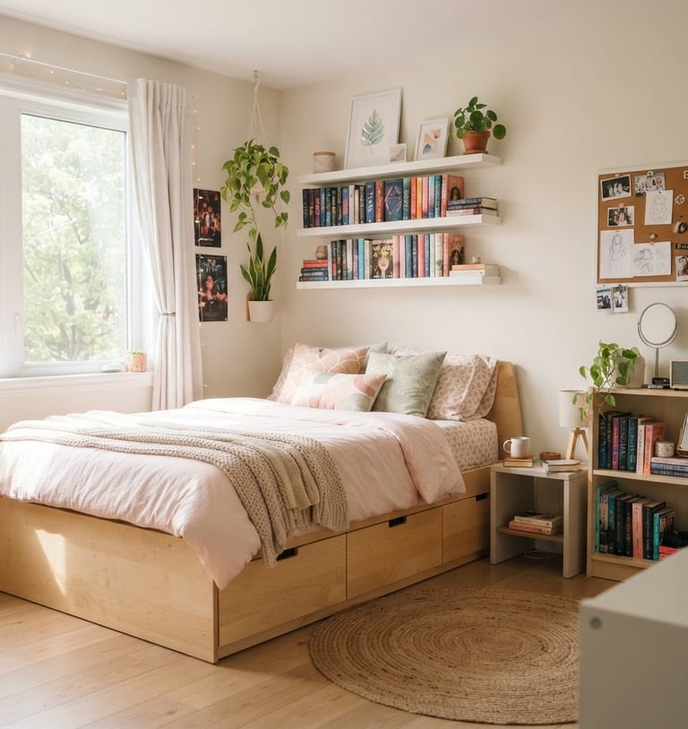 Bright teen bedroom with a light birch wood storage bed, pastel bedding, and a floating book rack, soft morning light from a window, clean composition, 35mm lens, image bleeding to the right edge.