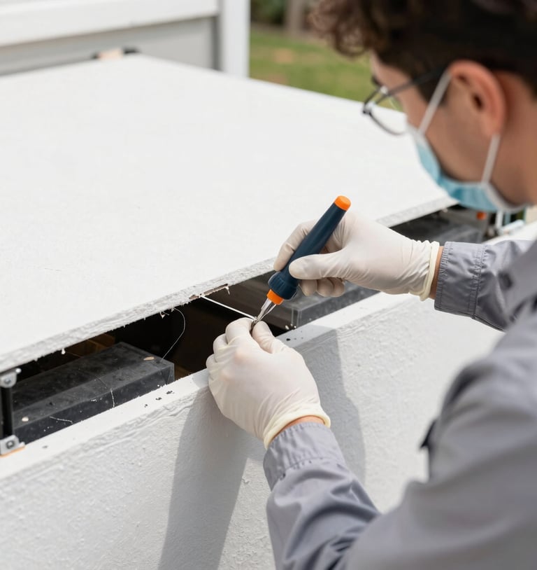 Close-up of a professional technician in clean uniform applying a precision barrier treatment to a home's foundation, crisp bright daylight, sharp focus.