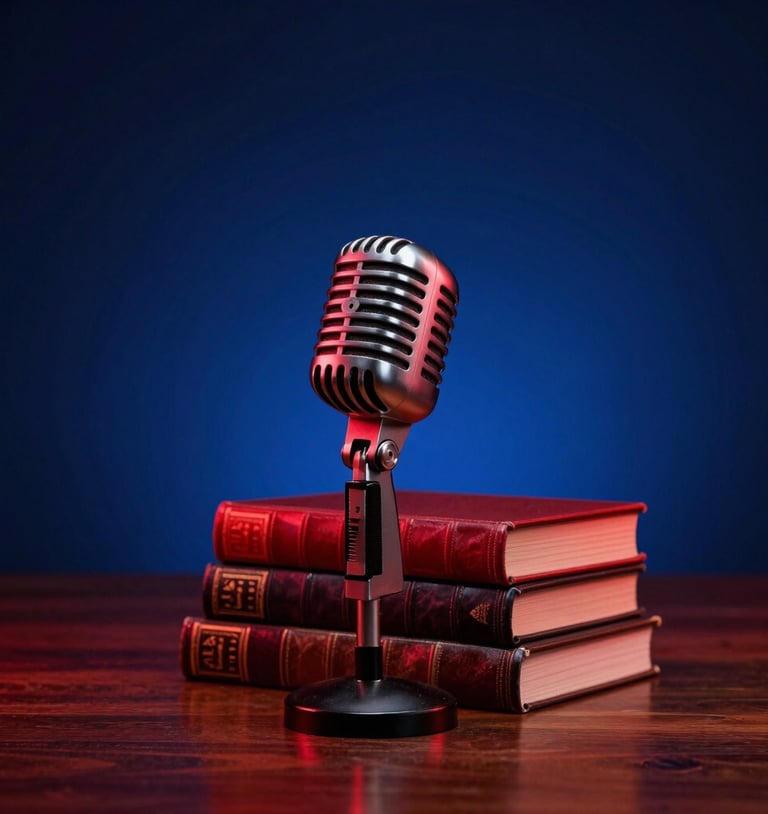 Dramatic spotlight on a vintage microphone and a stack of leather-bound books on a dark wooden stage, high-contrast studio photography, bold red and deep blue tones, sharp focus, 35mm