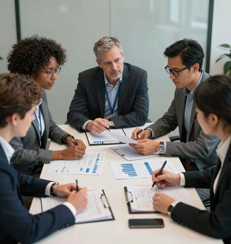 A collaborative strategy session in a North American corporate environment, showcasing a diverse team analyzing logistics and intelligence data, exuding efficiency and reliability.