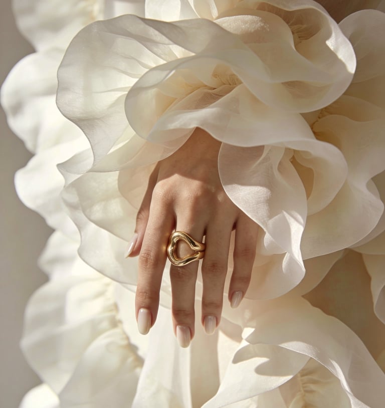Elegant hand with sculptural gold ring emerging through flowing ivory couture fabric.