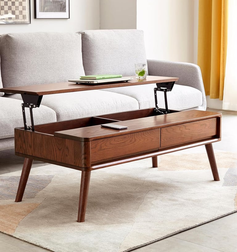 Solid Oak Mid Century Wood Lift Top Coffee Table for Living Room