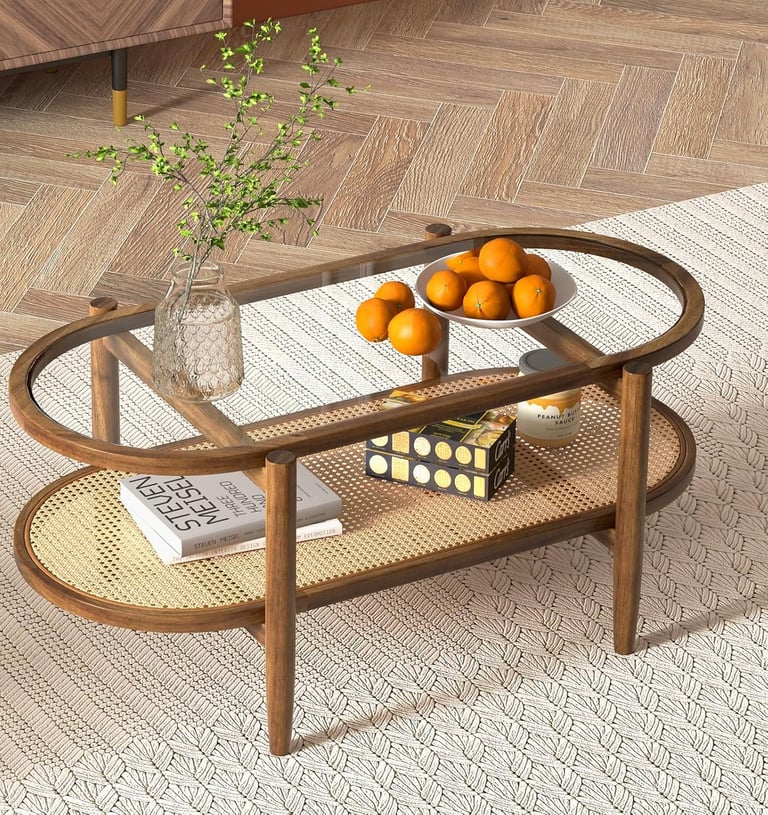 2-Tier Oval Rattan Acacia Wood Tea Table w/Tempered Glass Tabletop & Storage Shelf