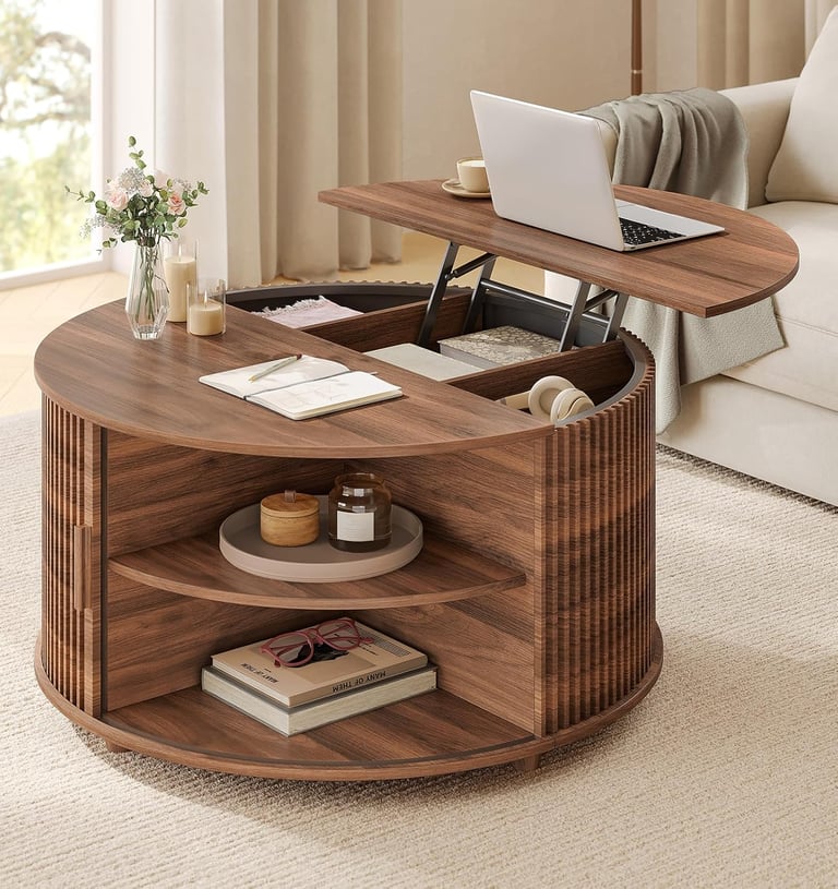 Modern Coffee Table with 180° Curved Sliding Door