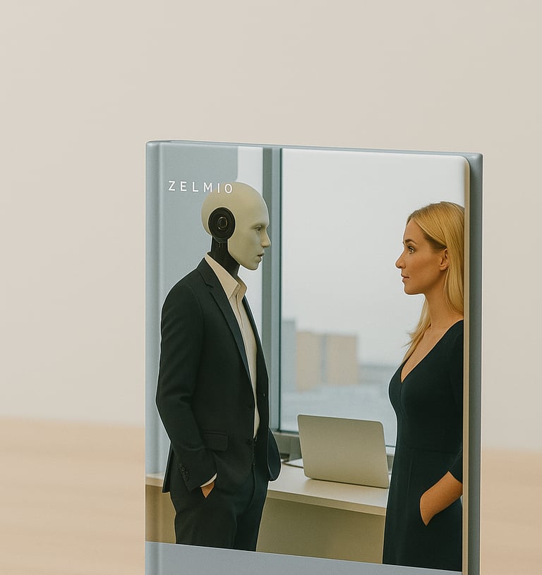 A book with a man in a suit and tie talking about AI