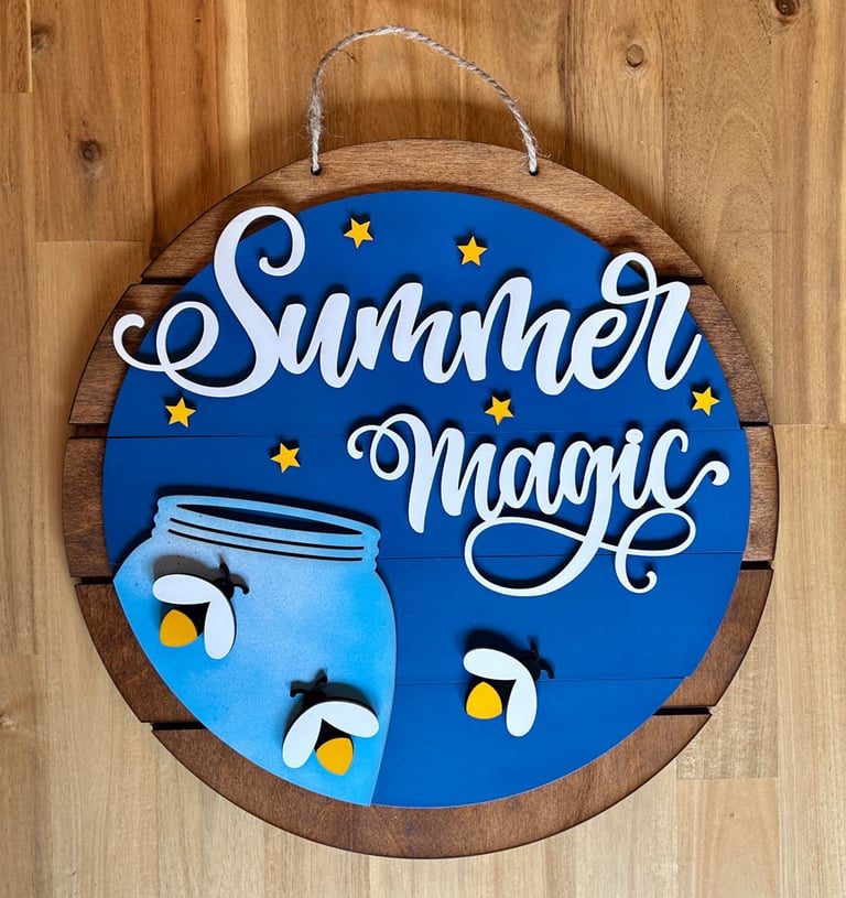 laser cut and painted summer firefly wooden door or wall hanger