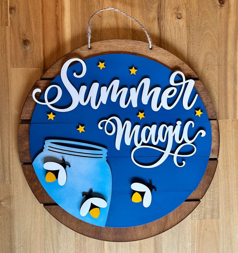 laser cut and painted summer firefly wooden door or wall hanger