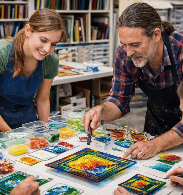 Instructors teaching students in a fused glass class