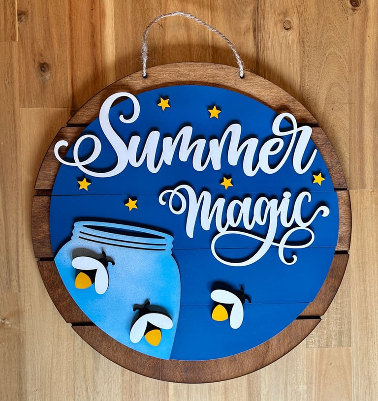 laser cut and painted summer firefly wooden door or wall hanger