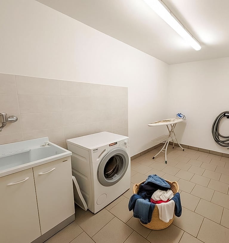 a laundry room with a washing machine and a laundry basket