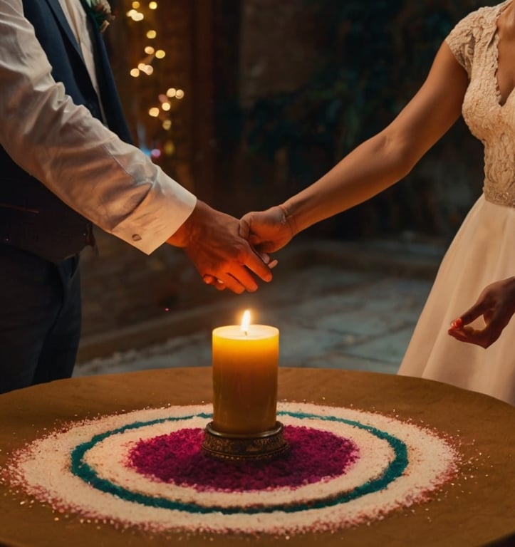 Couple réalisant un rituel symbolique entouré de leurs proches durant leur mariage