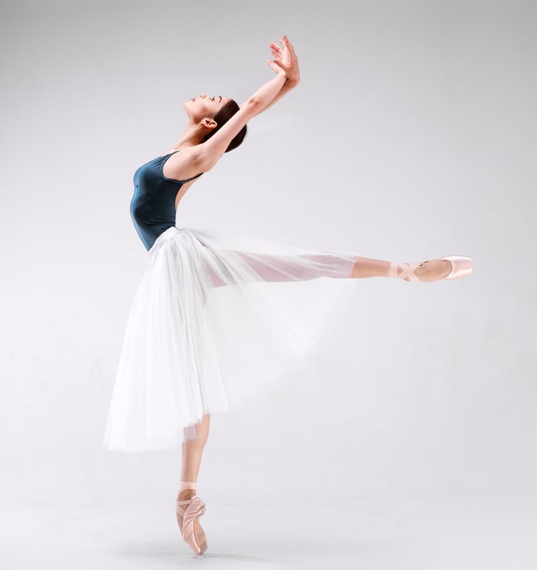a woman in a black leoman dress and ballet shoes