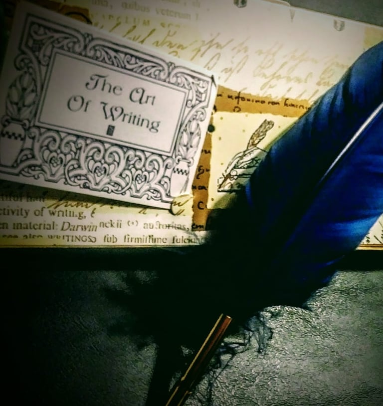 A blue feathered quill laying on a dark background - The Art of Writing