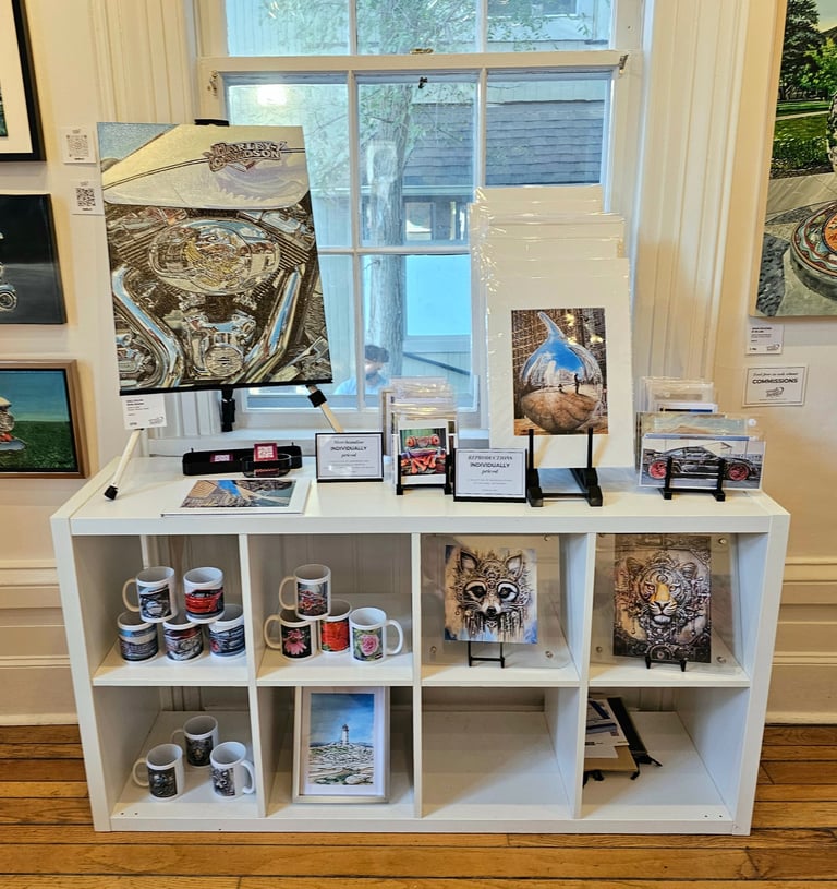 Gallery photo of original paintings, prints and mugs