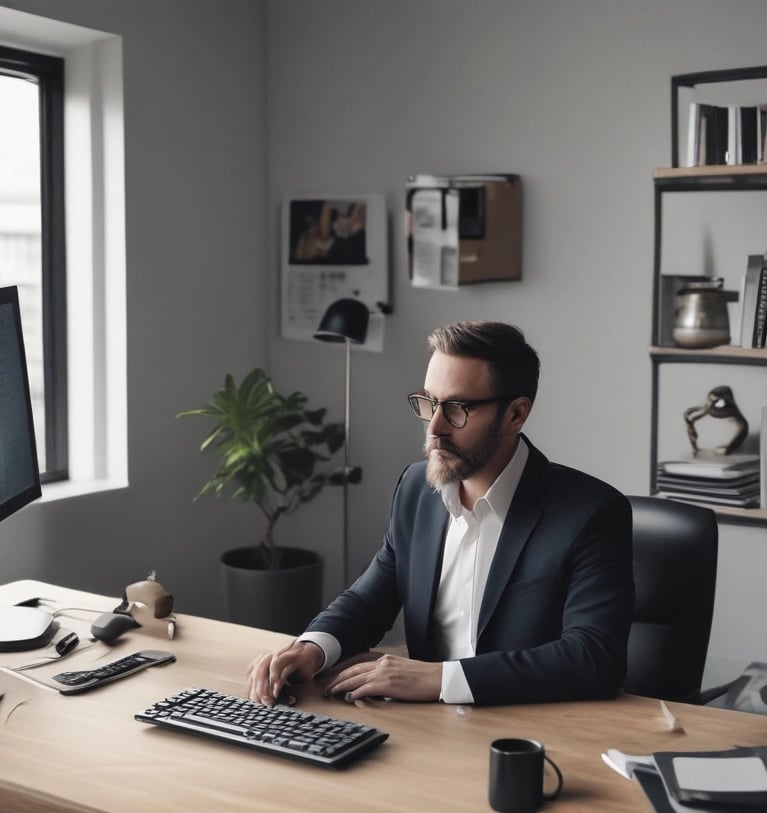 a man sitting at a desk with a computer monitor and a laptop